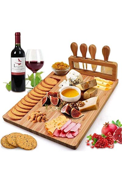 Generic Bamboo Cheese Board Set | 4 Stainless Steel Cheese Knives | Natural C...