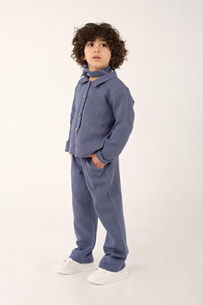Mioma Kids Collared Muslin Set Ufuk Blue