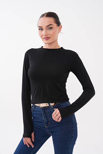 bykombincim Women's Circular Neck Finger-Pass Viscose Flexible Long Sleeve Bo...