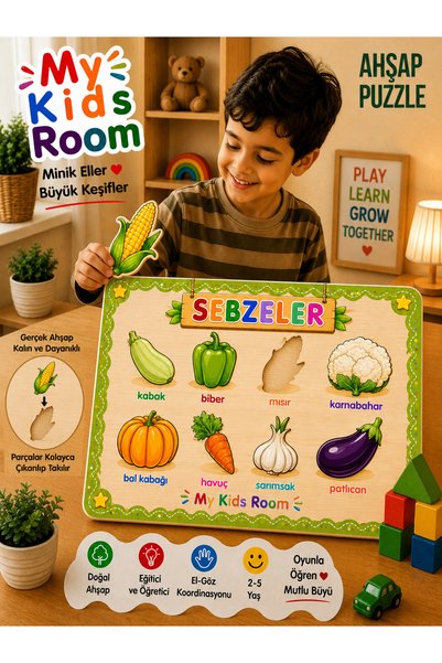 My Kids Room 4-Piece Wooden Puzzle Set Educational Learning Find and Match Puzzle Fruits Vegetables Numbers Shapes