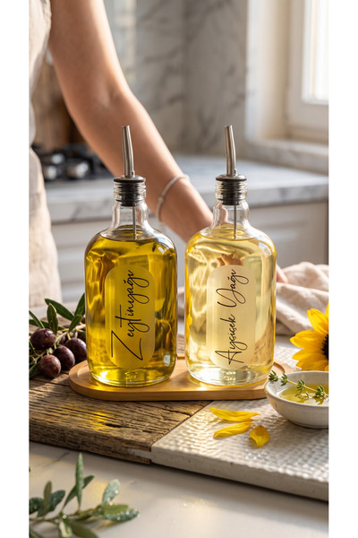 zezedesing 2’li Cam Yağdanlık Seti 750 ml – Bambu Standlı Zeytinyağı ve Ayçiç...