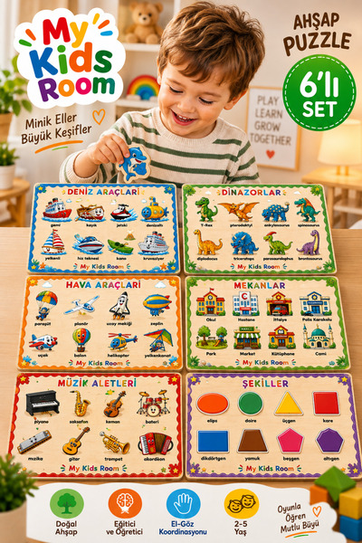 My Kids Room Ahşap Puzzle Seti Eğitici Öğretici Bul Tak Yapboz Deniz Araçları...