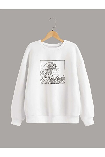 Mythologie Wavy Sea Winter Thick Sweatshirt - White Printed Oversized Crew Neck