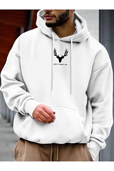 Mythologie Geyik Logo Sweatshirt - White Printed Oversize Hoodie with Embroidery
