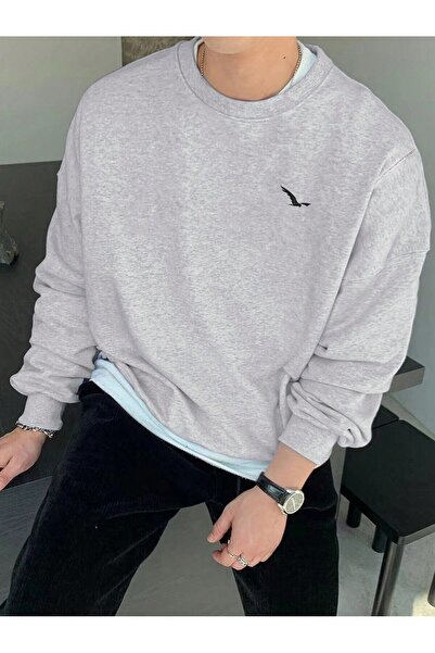 Mythologie Flying Bird Logo Thick Winter Sweatshirt - Gray Printed Oversize C...