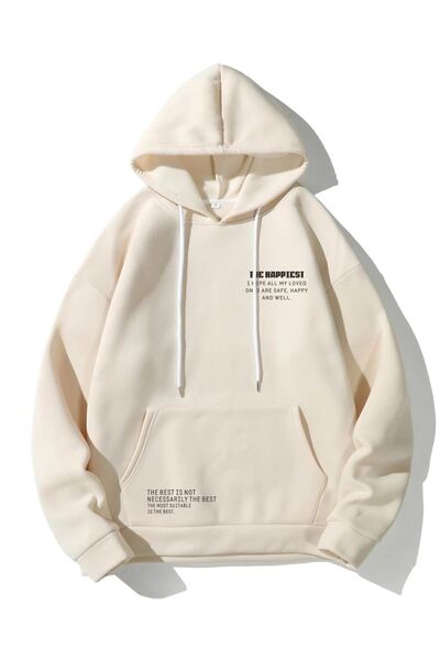 Mythologie The Happiest Thick Winter Sweatshirt - Beige Printed Oversized Hoo...