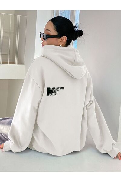 Mythologie Cherish Time Sweatshirt - White Printed Oversize Hoodie with Raise...