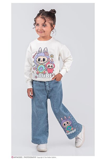 LUFFY KİDS Girl's Character Patterned Sweatshirt - Jean Pants 2-Piece Set - 2018