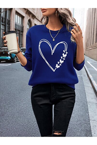 Mythologie Butterfly Heart Sweatshirt - Sax Blue Printed Oversized Crew Neck
