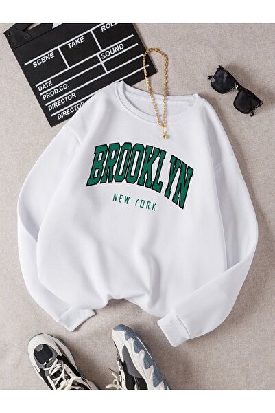 Mythologie Brooklyn Ny Thick Winter Sweatshirt - White Printed Oversized Crew...
