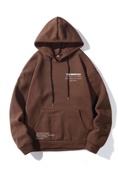 Mythologie The Happiest Thick Winter Sweatshirt - Brown Printed Oversized Hoo...