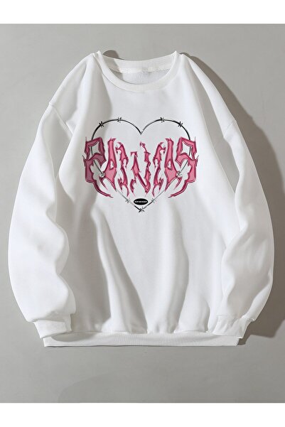 Mythologie Thick Winter Sweatshirt with Spiked Heart Design - White Printed O...