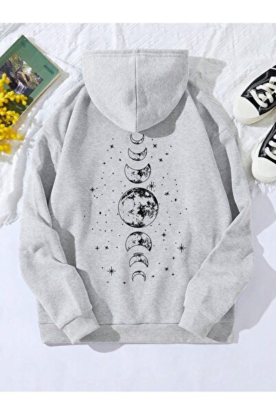 Mythologie Planet Phases Thick Winter Sweatshirt - Gray Printed Oversize Ribb...