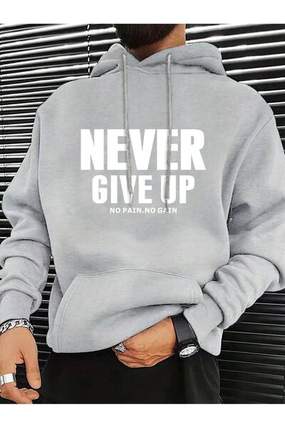 Mythologie Never Give up Thick Winter Sweatshirt - Gray Printed Oversize Hood...