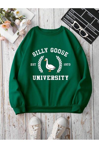 Mythologie Silly Goose Thick Winter Sweatshirt - Nefti Green Printed Oversize...
