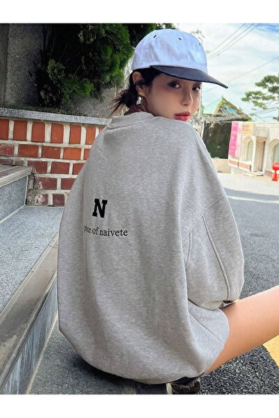Mythologie N Naivete Thick Winter Sweatshirt - Gray Printed Oversized Crew Neck