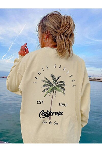 Mythologie Santa Barbara California Sweatshirt - Beige Printed Oversized Crew...