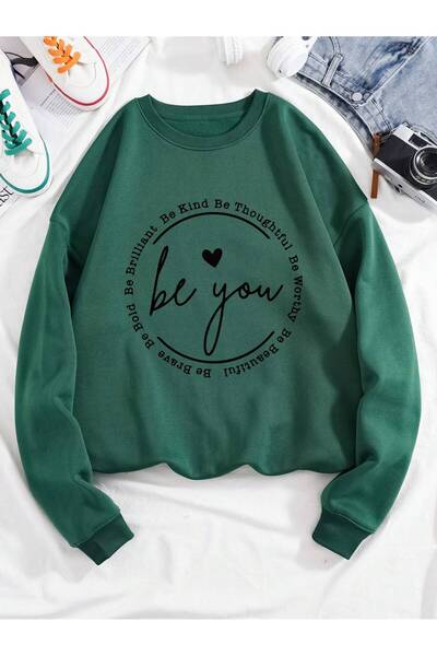 Mythologie Be You Thick Winter Sweatshirt - Nefti Green Printed Oversized Cre...