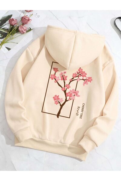 Mythologie Cherry Tree Thick Winter Sweatshirt - Beige Printed Oversize Hoodi...