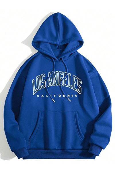 Mythologie Los Angeles Thick Winter Sweatshirt - Sax Blue Printed Oversized H...