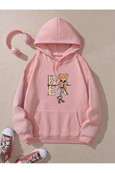 Mythologie Bear Written Winter Thick Sweatshirt - Dusty Pink Printed Oversize...