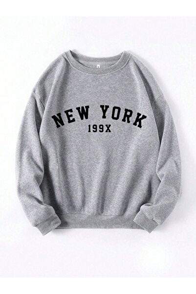 Mythologie New York 199X Thick Winter Sweatshirt - Gray Printed Oversized Cre...