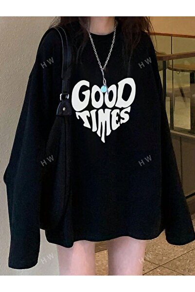 Mythologie Good Times Winter Sweatshirt - Black Printed Oversized Crew Neck