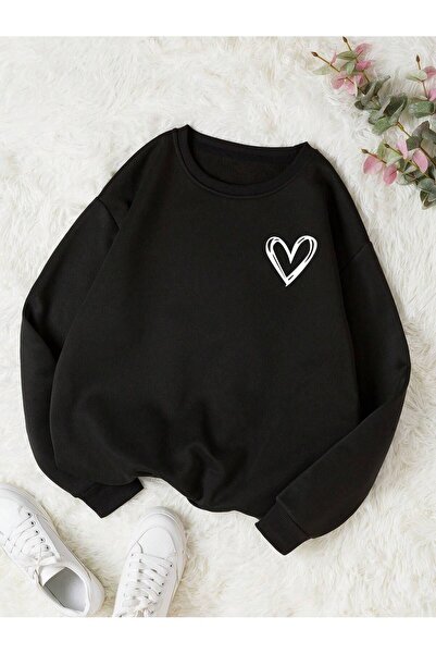 Mythologie Heart Logo Winter Sweatshirt - Black Printed Oversized Crew Neck