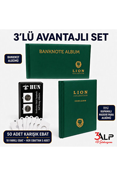 3Alp Koleksiyon Lion Küçük Boy 72 Gözlü Madeni Metal Para Albümü, 50 Kapama v...