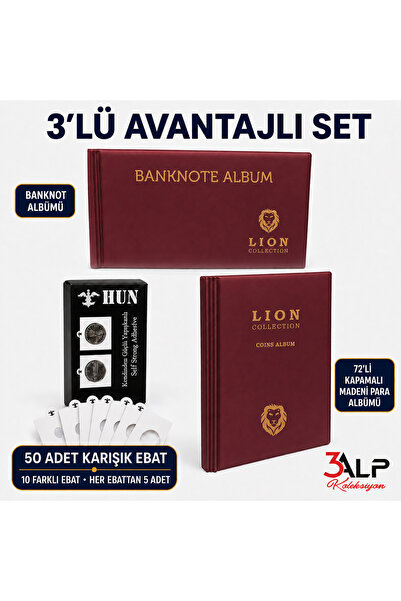 3Alp Koleksiyon Lion Küçük Boy 72 Gözlü Madeni Metal Para Albümü, 50 Kapama v...