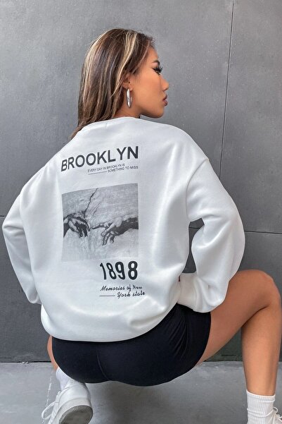 Mythologie 1898 Brooklyn Thick Winter Sweatshirt - White Printed Oversized Cr...