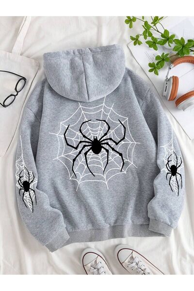 Mythologie Spider Sleeve Detail Thick Winter Sweatshirt - Gray Printed Oversi...