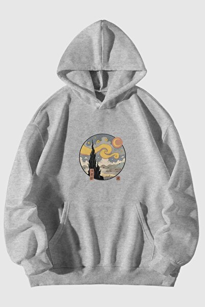 Mythologie Starry Night Thick Winter Sweatshirt - Gray Printed Oversize Ribbo...