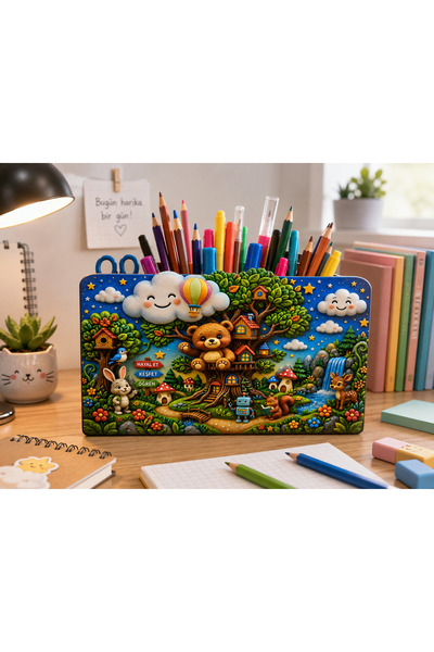 TuraLazerKesim Forest Themed Wooden Desktop Pen Holder and Organizer for Chil...