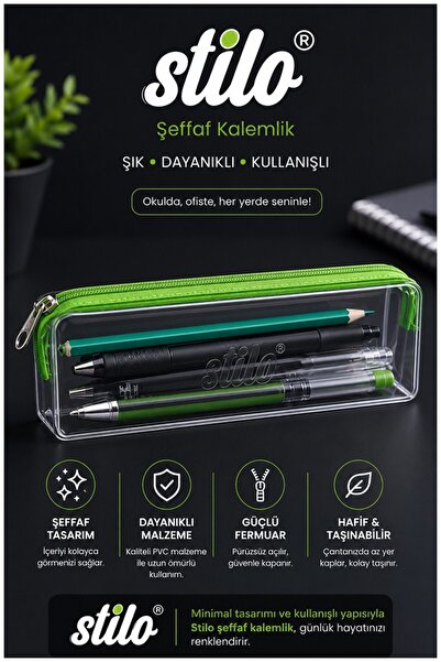 Artlantis Şeffaf Kalemlik 1 Adet Stilo 1129 Tek Bölmeli Fermuarlı Plastik Çoc...