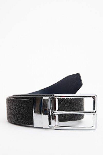 DeFacto Men's Rectangular Metal Buckle Textured Faux Leather Thin Casual Belt...