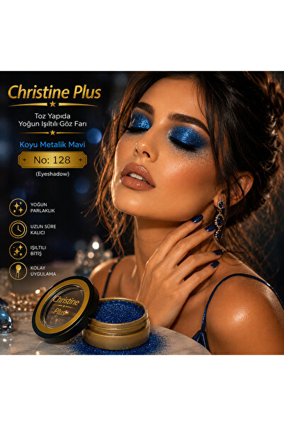 Christine Plus Toz Yapıda Yoğun Işıltılı Simli Göz Farı – Koyu Metalik Mavi N...