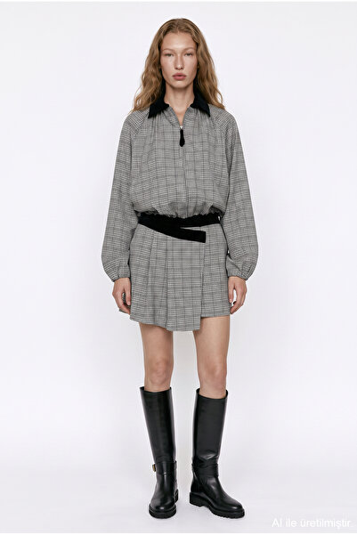 Quzu Plaid Pleated Wrap Mini Skirt Beige