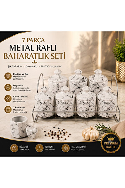 Velorahomee 7 Parçalı Metal Raflı Lüks Mermer Desenli Baharatlık Takımı - Şık...