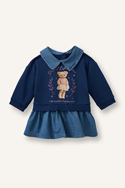 DeFacto Teddy Bear Printed Jean Detailed Long Sleeve Dress Baby Girl I3590A526Wn
