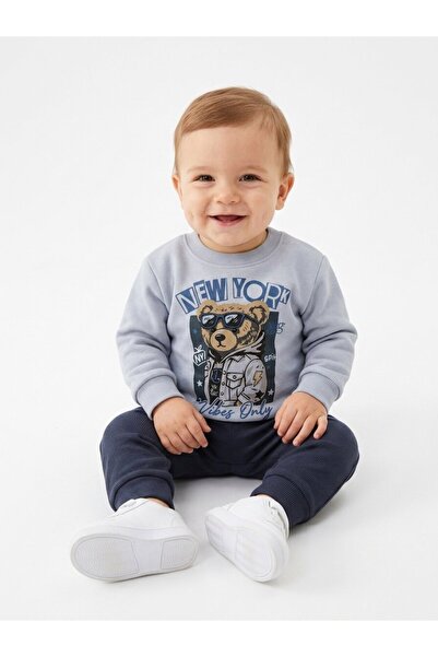 Kids Kingdom Cotton Teddy Bear Detailed 2-Piece Baby Boy Set, Gray