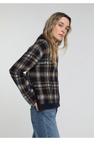 Colin's Regular Fit High Collar Plaid Women's Navy Blue Cardigan