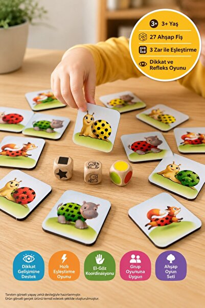 TOYFEST Ahşap Dikkat Refleks Eşleştirme Oyunu Hızlı Göz Çevik El Zeka 27 Ahşap Kart 3 Zar