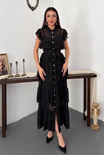 SEREMONİ BUTİK Black Chiffon Gathered Layered Dress