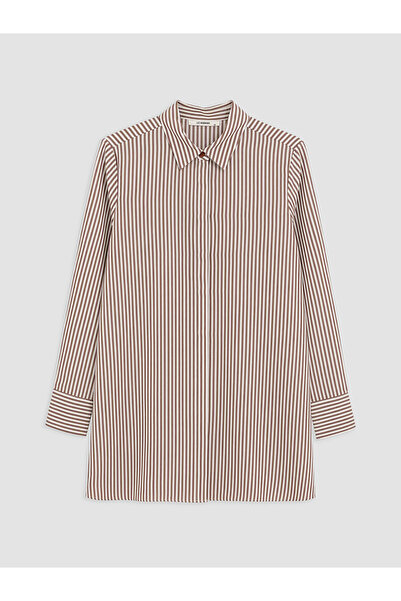 LC Waikiki Kahverengi Çizgili Poplin Kadın Gömlek Tunik
