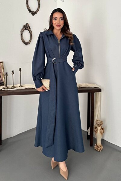 SEREMONİ BUTİK Navy Blue Pleated Front Zipper Dress