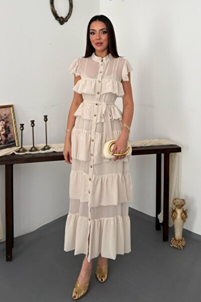 SEREMONİ BUTİK Beige Chiffon Gathered Layered Dress
