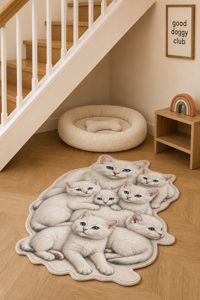 ZNG design home Ankara Kedisi Beyaz Kedi Figürlü Mama Halısı ve Paspası, Kaym...