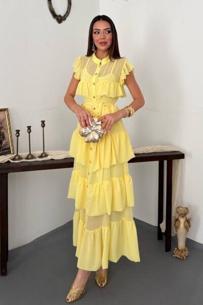 Elbee Fashion Woman Yellow Chiffon Gathered Layered Dress