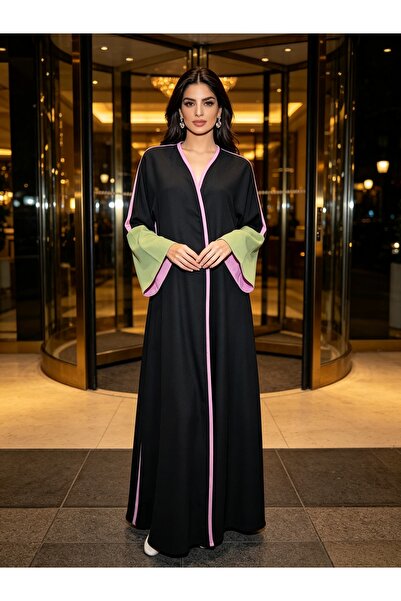 Noon Noora Stylish Abaya Robe with Featured Patchwork Sleeves and Cardigan Coat